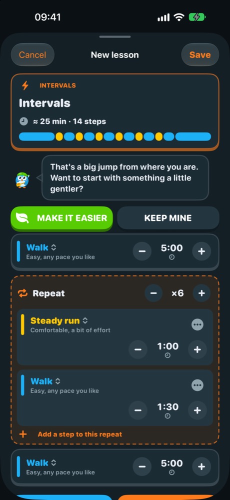 The lesson builder with walk and jog steps