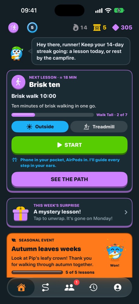 Today screen with Pip, the next lesson and the streak